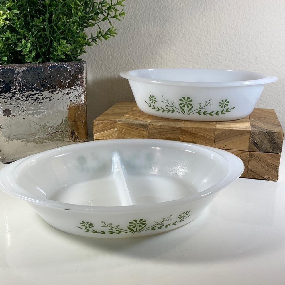 Vintage Glasbake Green Daisy Milk Glass Set of‎ 2